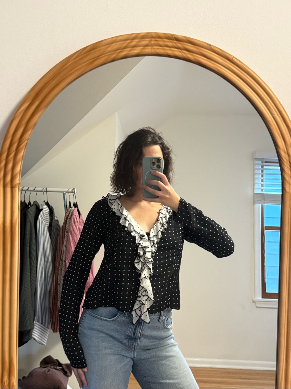 Black Polka Dot Ruffle V-Neck Blouse with White Trim